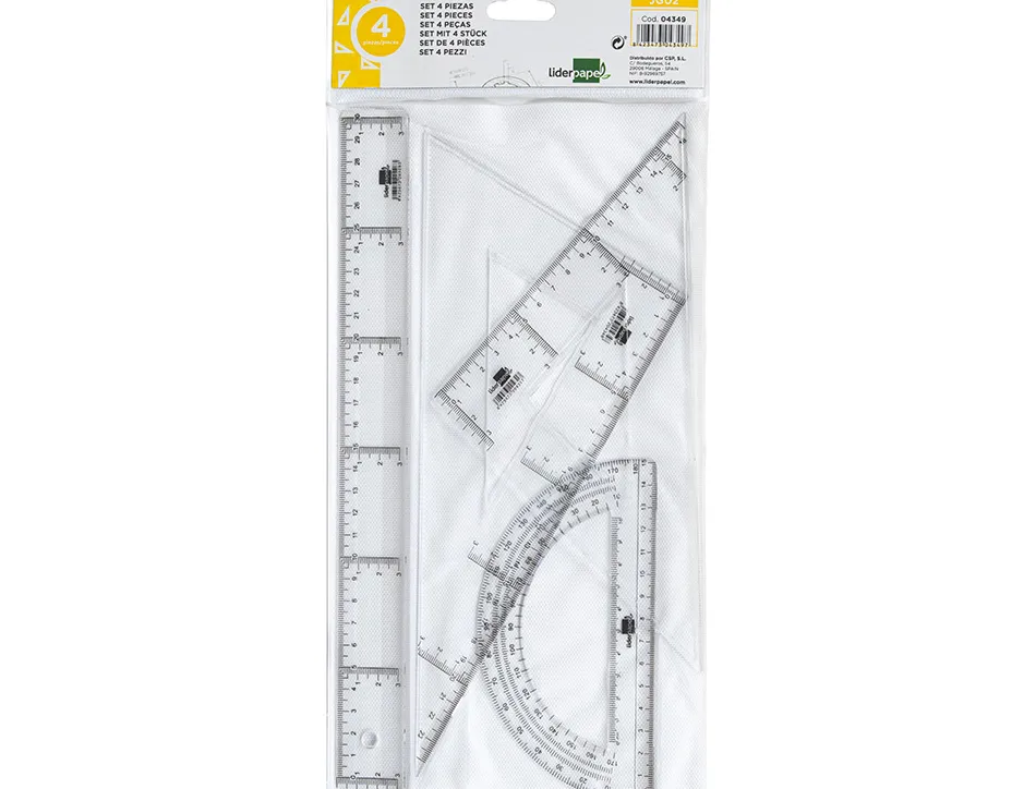 Set traçage liderpapel 4 pièces règle 30cm équerres 45/60 degrés 25cm rapporteur 180 degrés 15cm transparent