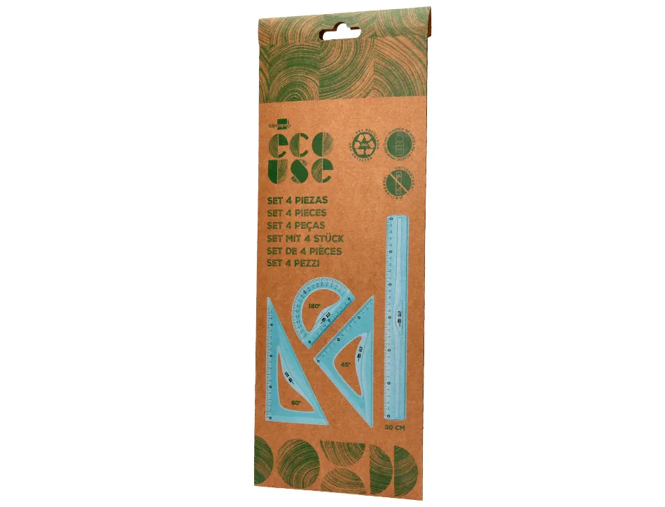 Set traçage liderpapel ecouse 100% plastique pet recycle equerre 20 cm 18 cm regle 30 cm et demi-cercle 10 cm