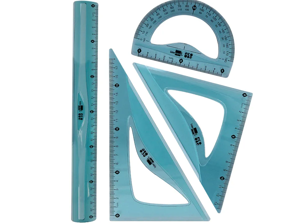Set traçage liderpapel ecouse 100% plastique pet recycle equerre 20 cm 18 cm regle 30 cm et demi-cercle 10 cm