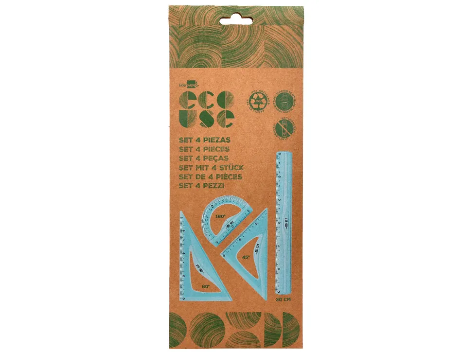 Set traçage liderpapel ecouse 100% plastique pet recycle equerre 20 cm 18 cm regle 30 cm et demi-cercle 10 cm