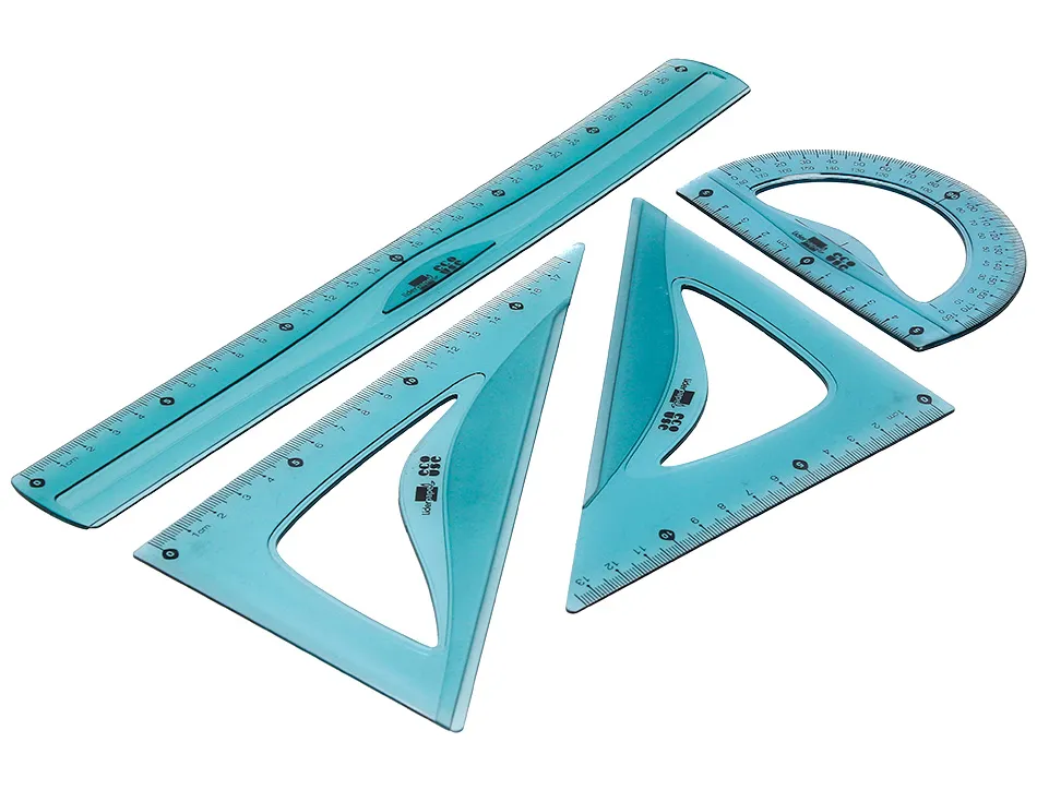 Set traçage liderpapel ecouse 100% plastique pet recycle equerre 20 cm 18 cm regle 30 cm et demi-cercle 10 cm