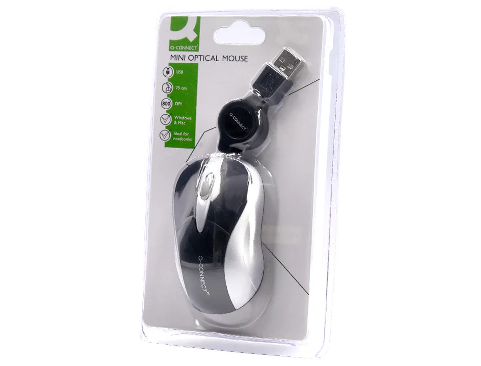 Souris mini q-connect filaire optique 800dpi 3 boutons molette mouvement horizontal vertical usb coloris noir