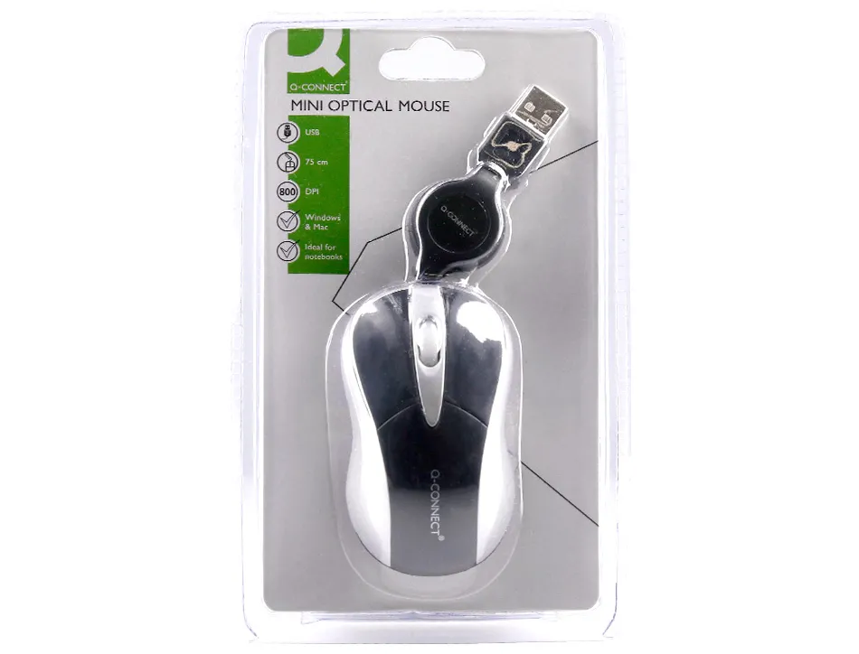Souris mini q-connect filaire optique 800dpi 3 boutons molette mouvement horizontal vertical usb coloris noir