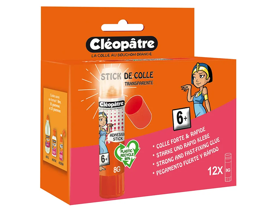 Stick de colle cleopatre invisible forte usage sans solvant carton papier photos des 6 ans 8gr lot de 12