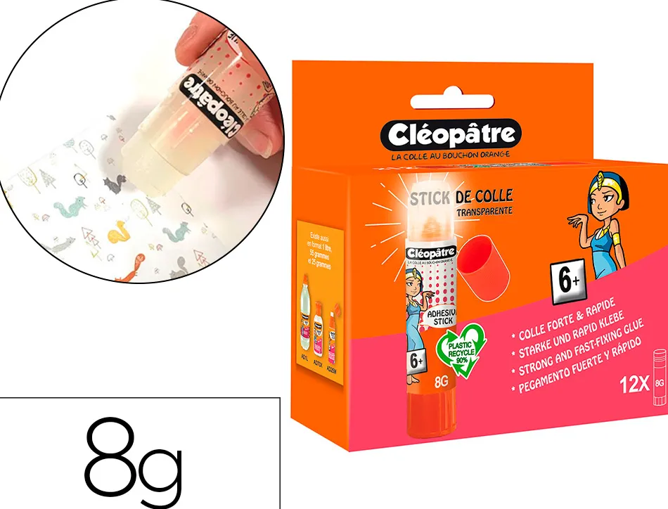 Stick de colle cleopatre invisible forte usage sans solvant carton papier photos des 6 ans 8gr lot de 12