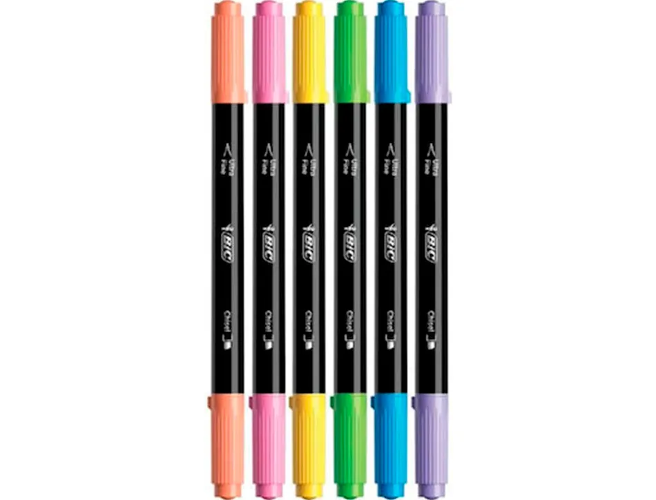 Stylo feutre intensity dual tip pointe biseaute et fine 0,4mm boite de 6 coloris assortis