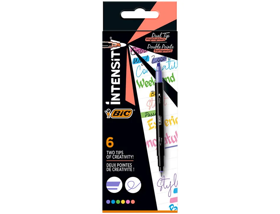 Stylo feutre intensity dual tip pointe biseaute et fine 0,4mm boite de 6 coloris assortis