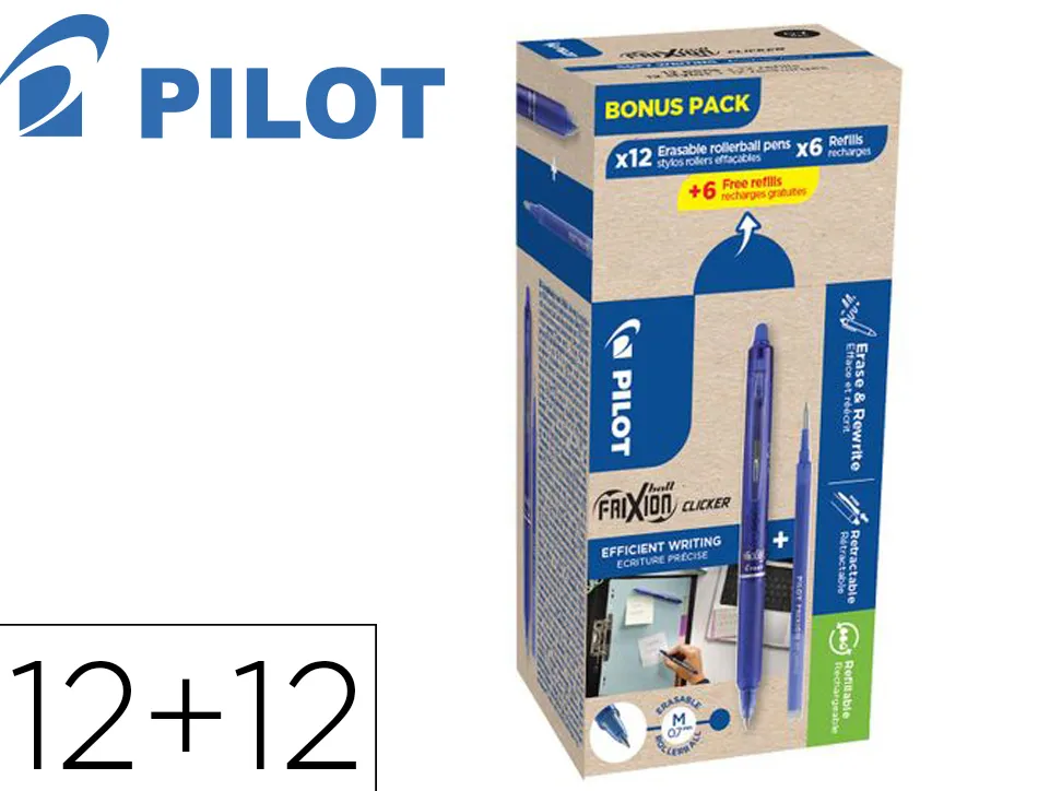 Stylo pilot frixion ball clicker retractable pointe 0,7mm bonus pack 12 rollers + 12 recharges coloris bleu