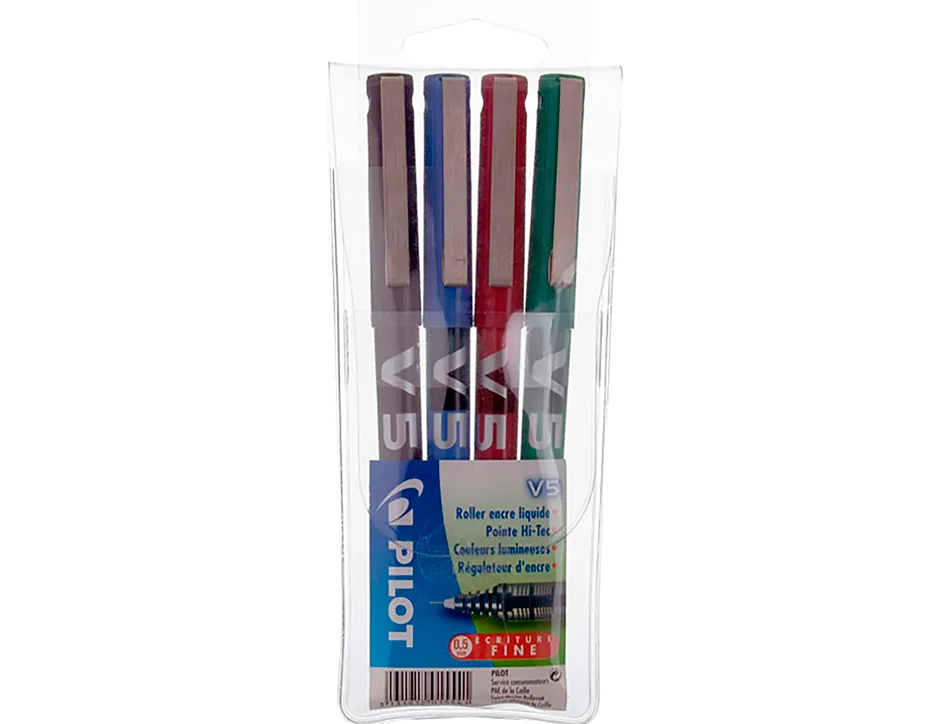 Stylo pilot v5 écriture fine 0.3mm clip métal encre liquide niveau visible pointe indéformable pochette 4 unités
