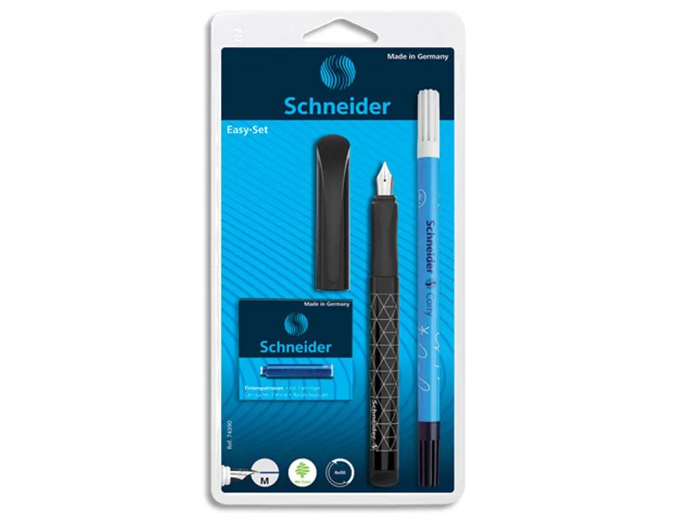 Stylo plume easy schneider bleu avec 1 effaceur et 5 cartouches standards