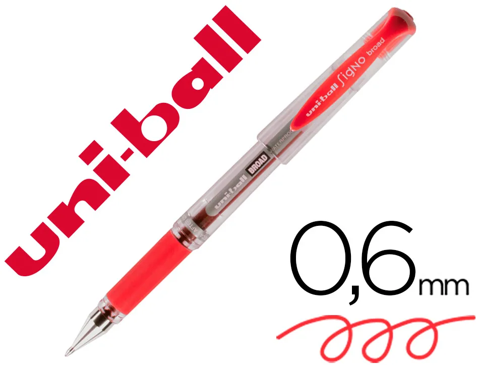 Stylo uniball signo broad encre gel pigmentée écriture large 0.8mm pointe 1mm grip caoutchouc rechargeable rouge