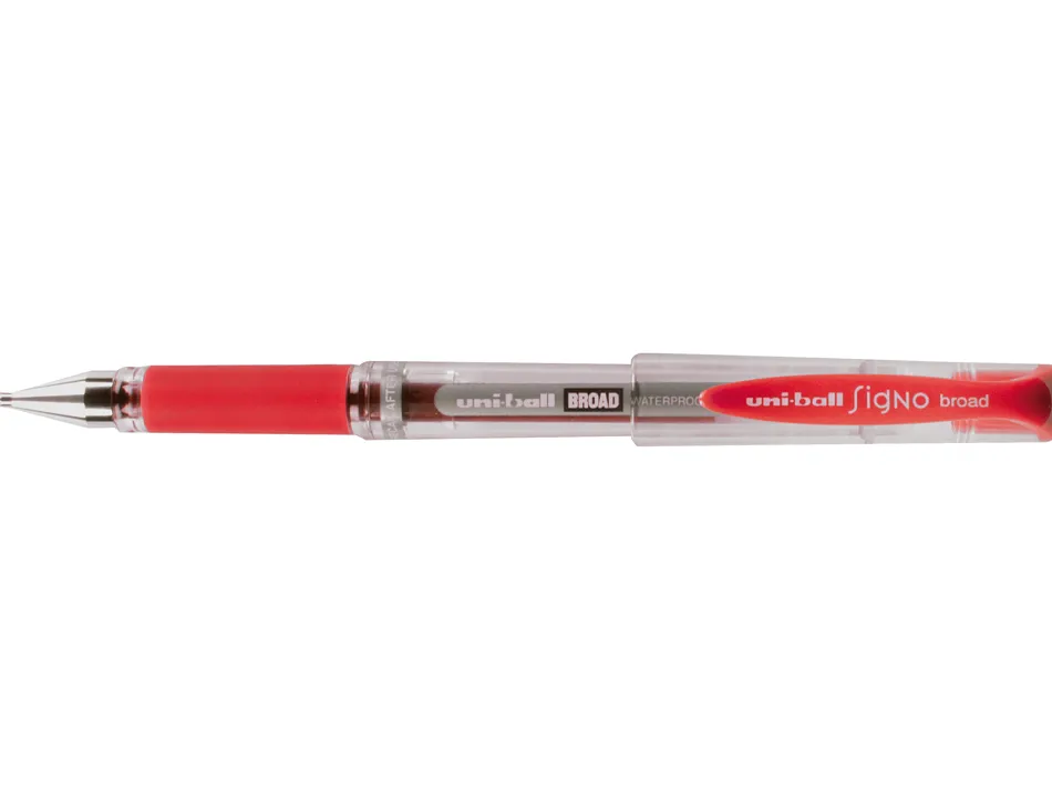 Stylo uniball signo broad encre gel pigmentée écriture large 0.8mm pointe 1mm grip caoutchouc rechargeable rouge
