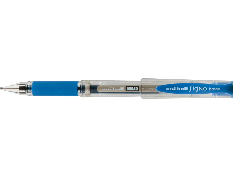 Stylo uniball signo broad encre gel pigmentée écriture large 0.8mm pointe 1mm grip caoutchouc rechargeable bleu