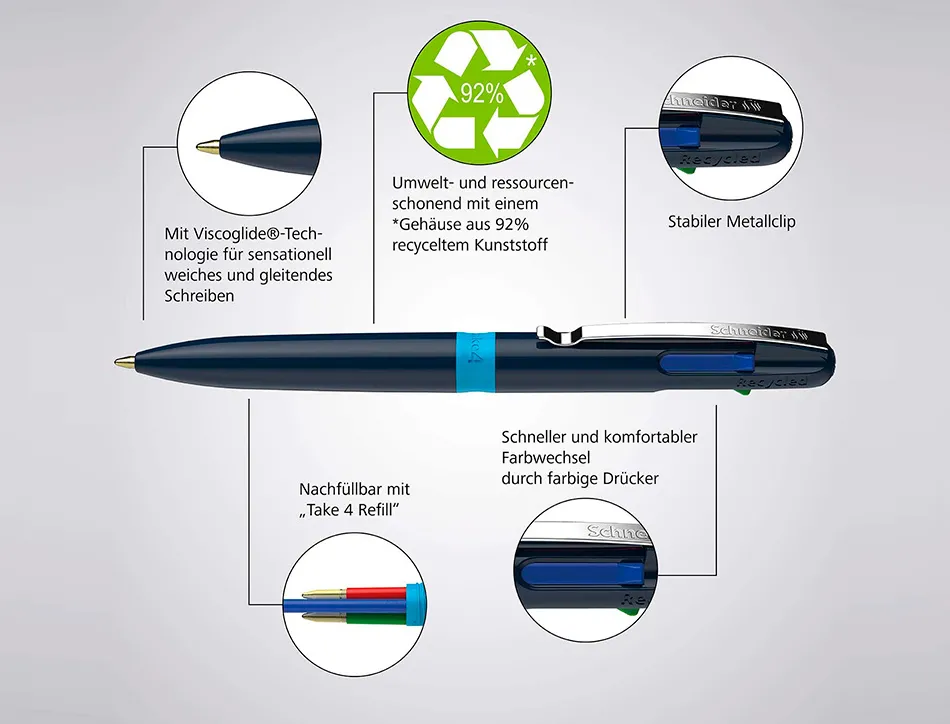 Stylo-bille 4 couleurs schneider take 4 medium viscoglide rechargeable clip metal corps plastique recycle