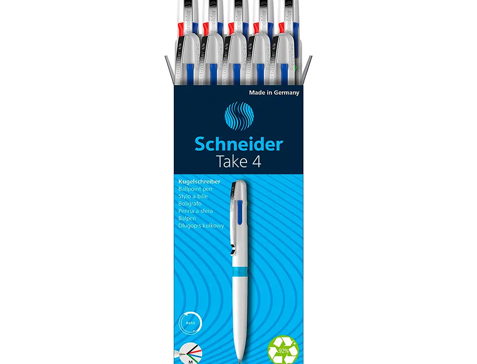Stylo-bille 4 couleurs schneider take 4 medium viscoglide rechargeable clip metal corps plastique recycle