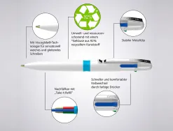 Stylo-bille 4 couleurs schneider take 4 medium viscoglide rechargeable clip metal corps plastique recycle