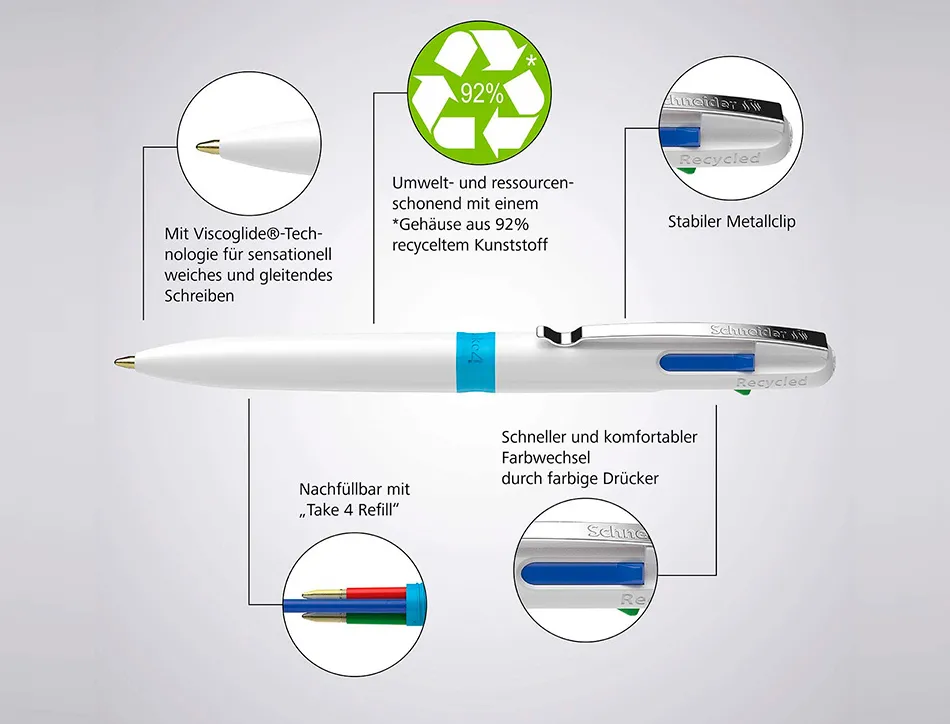 Stylo-bille 4 couleurs schneider take 4 medium viscoglide rechargeable clip metal corps plastique recycle