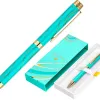 Stylo-bille belius aqua aluminium details et attributs or encre bleue coloris turquoise dans coffret cadeau