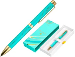 Stylo-bille belius aqua aluminium details et attributs or encre bleue coloris turquoise dans coffret cadeau