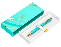 Stylo-bille belius aqua aluminium details et attributs or encre bleue coloris turquoise dans coffret cadeau