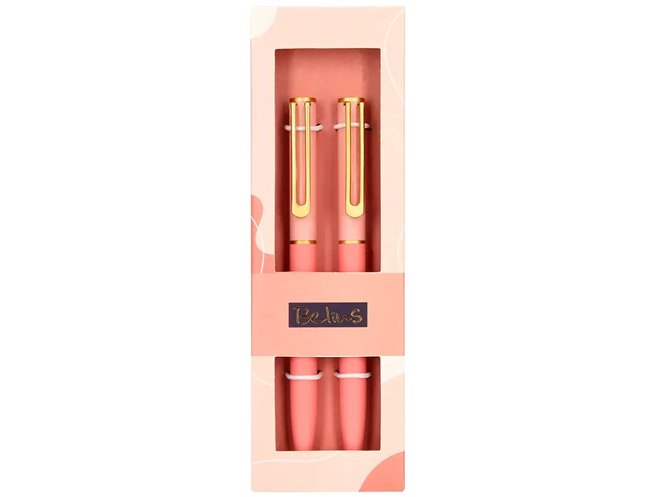 Stylo-bille belius bari pointe 1 mm encre bleu coloris rose pastel boite cadeau de 2 u