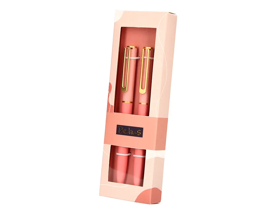 Stylo-bille belius bari pointe 1 mm encre bleu coloris rose pastel boite cadeau de 2 u