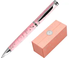 Stylo-bille belius bella aluminium encre bleue coloris rose design relief argente boite design