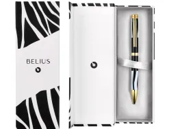 Stylo-bille belius b&w aluminium attributs or encre bleue coloris blanc zebrures noires dans coffret cadeau
