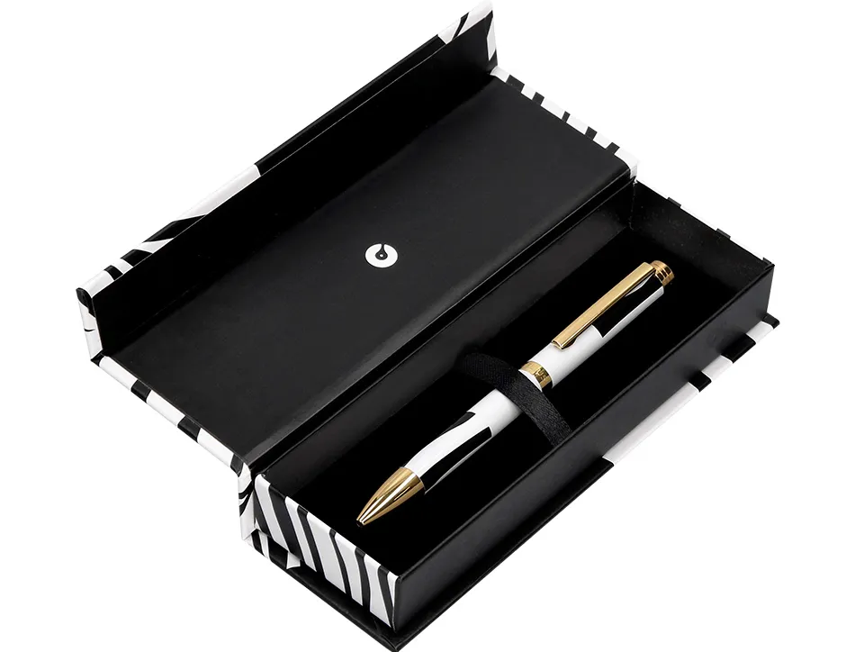 Stylo-bille belius b&w aluminium attributs or encre bleue coloris noir zebrures blanches dans coffret cadeau