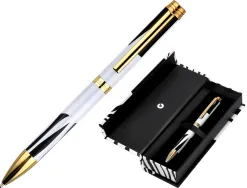 Stylo-bille belius b&w aluminium attributs or encre bleue coloris noir zebrures blanches dans coffret cadeau