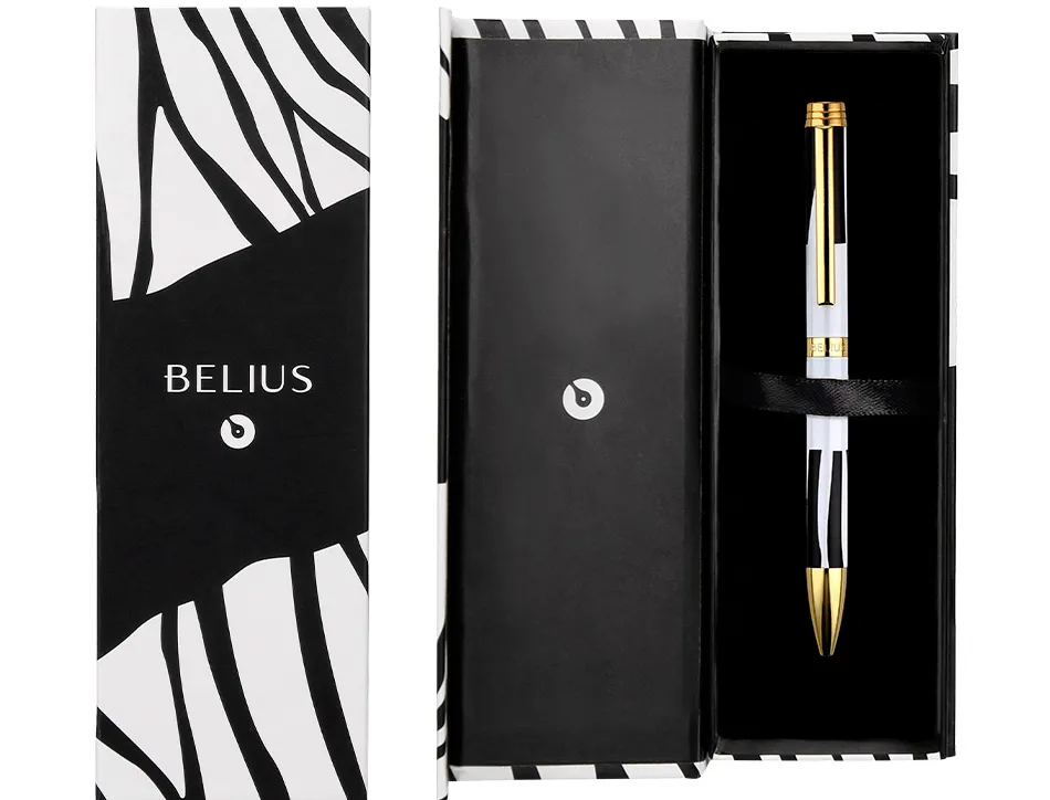 Stylo-bille belius b&w aluminium attributs or encre bleue coloris noir zebrures blanches dans coffret cadeau