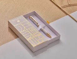 Stylo-bille belius carte blanche aluminium details et attributs or encre bleue coloris blanc dans coffret cadeau