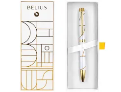 Stylo-bille belius carte blanche aluminium details et attributs or encre bleue coloris blanc dans coffret cadeau