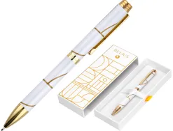 Stylo-bille belius carte blanche aluminium details et attributs or encre bleue coloris blanc dans coffret cadeau