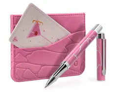 Stylo-bille belius cocktails cosmopolitan aluminium encre bleue relief rose argente boite design