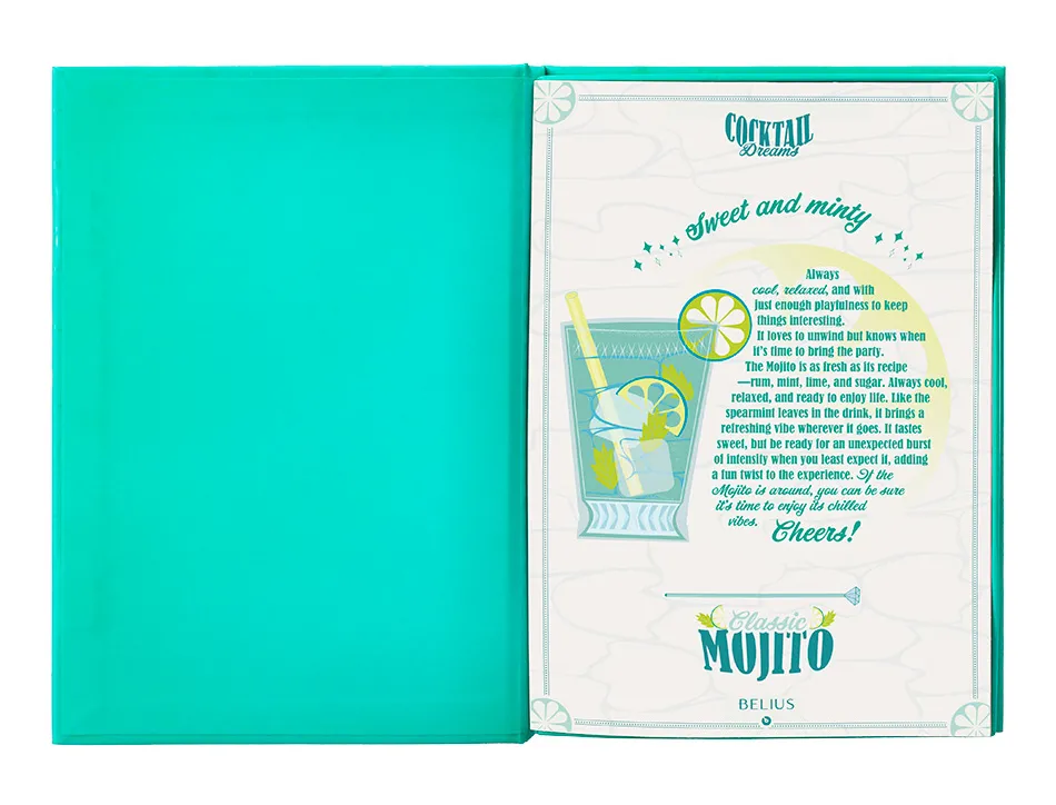 Stylo-bille belius cocktails mojito aluminium encre bleue relief vert argente boite design