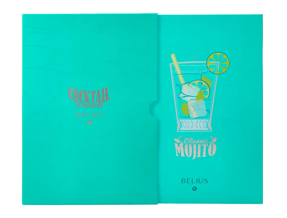 Stylo-bille belius cocktails mojito aluminium encre bleue relief vert argente boite design