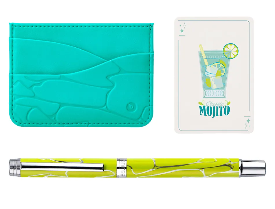 Stylo-bille belius cocktails mojito aluminium encre bleue relief vert argente boite design