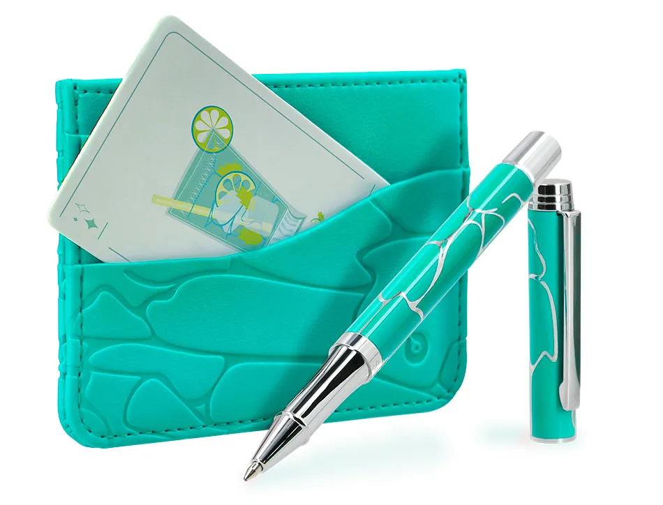 Stylo-bille belius cocktails mojito aluminium encre bleue relief vert argente boite design