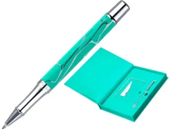 Stylo-bille belius cocktails mojito aluminium encre bleue relief vert argente boite design