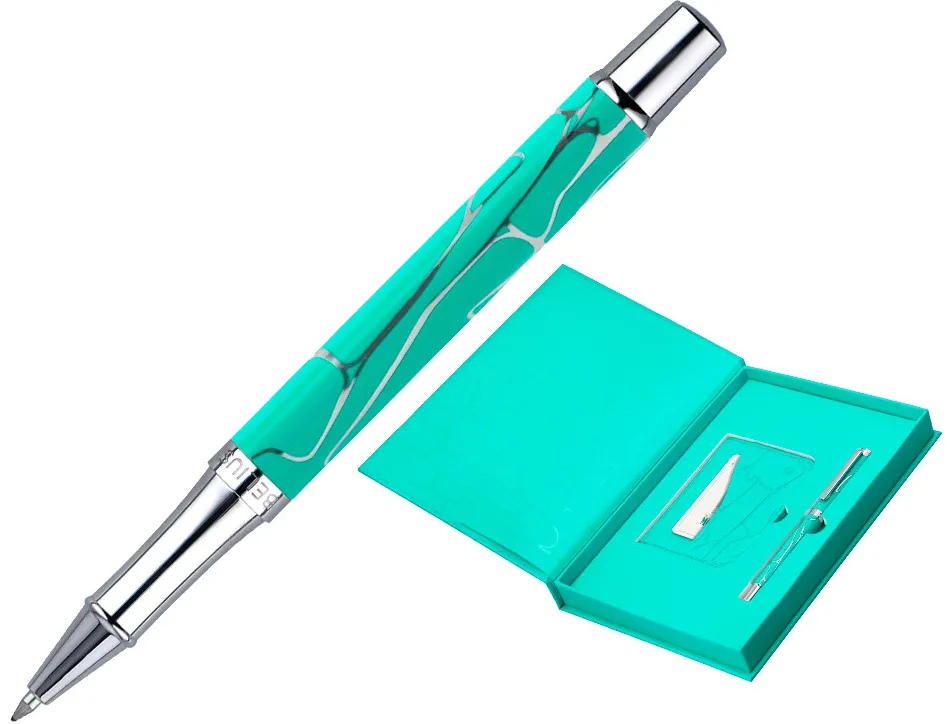 Stylo-bille belius cocktails mojito aluminium encre bleue relief vert argente boite design