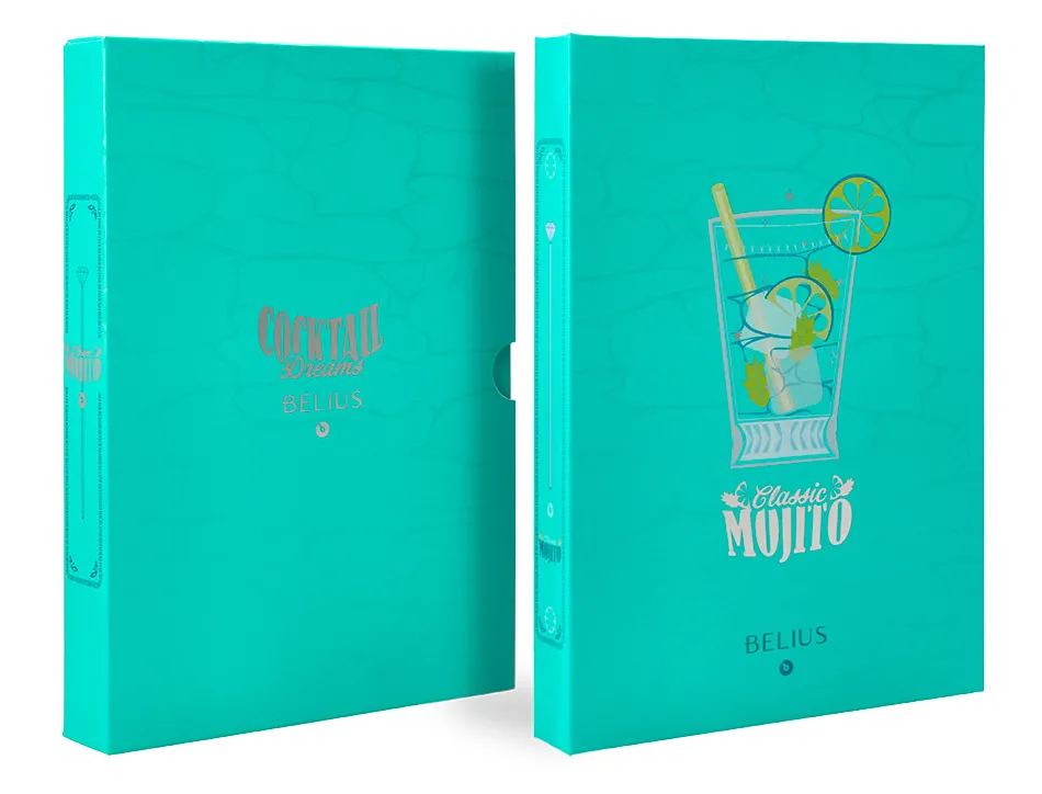 Stylo-bille belius cocktails mojito aluminium encre bleue relief vert argente boite design