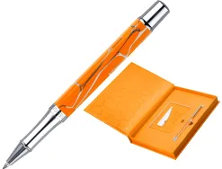 Stylo-bille belius cocktails mimosa aluminium encre bleue relief orange argente boite design