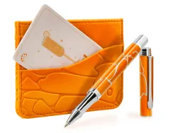 Stylo-bille belius cocktails mimosa aluminium encre bleue relief orange argente boite design
