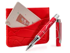 Stylo-bille belius cocktails bloody mary aluminium encre bleue relief rouge argente boite design
