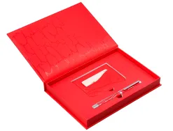 Stylo-bille belius cocktails bloody mary aluminium encre bleue relief rouge argente boite design