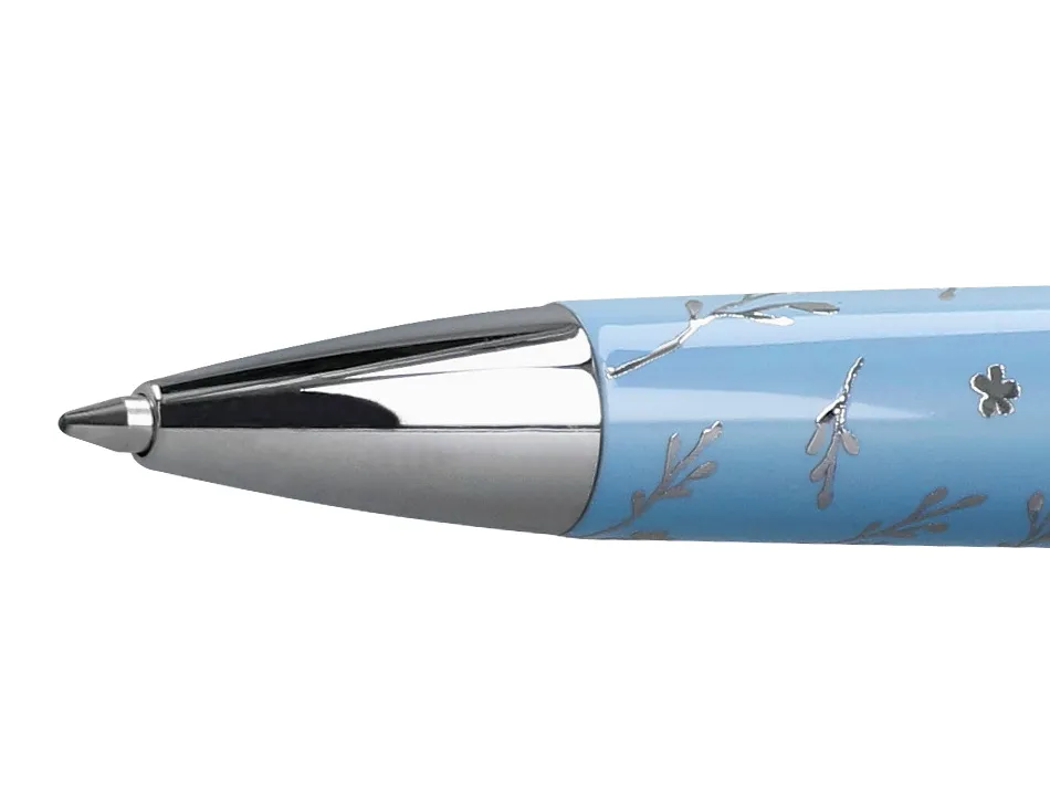 Stylo-bille belius collection bella aluminium encre bleue coloris bleu ciel design relief argente boite