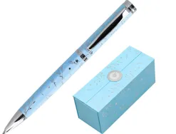 Stylo-bille belius collection bella aluminium encre bleue coloris bleu ciel design relief argente boite