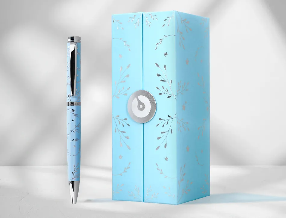 Stylo-bille belius collection bella aluminium encre bleue coloris bleu ciel design relief argente boite