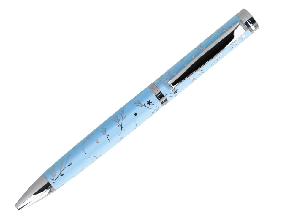 Stylo-bille belius collection bella aluminium encre bleue coloris bleu ciel design relief argente boite